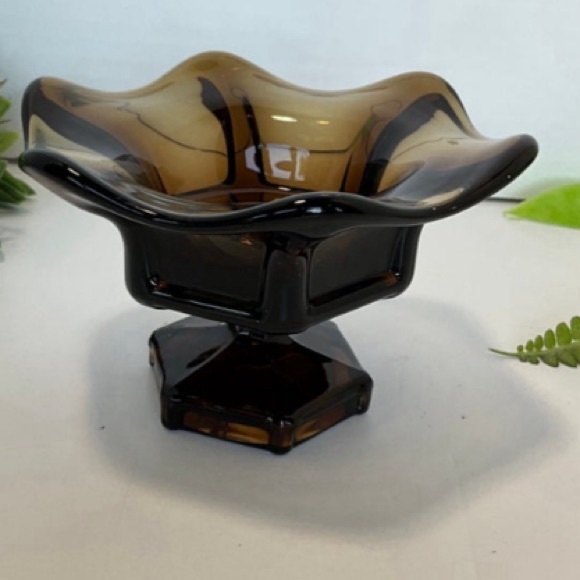 Vintage Viking Glass Epic Hexagon base Six Petal Small Compote in Smoke Brown - Picture 1 of 6
